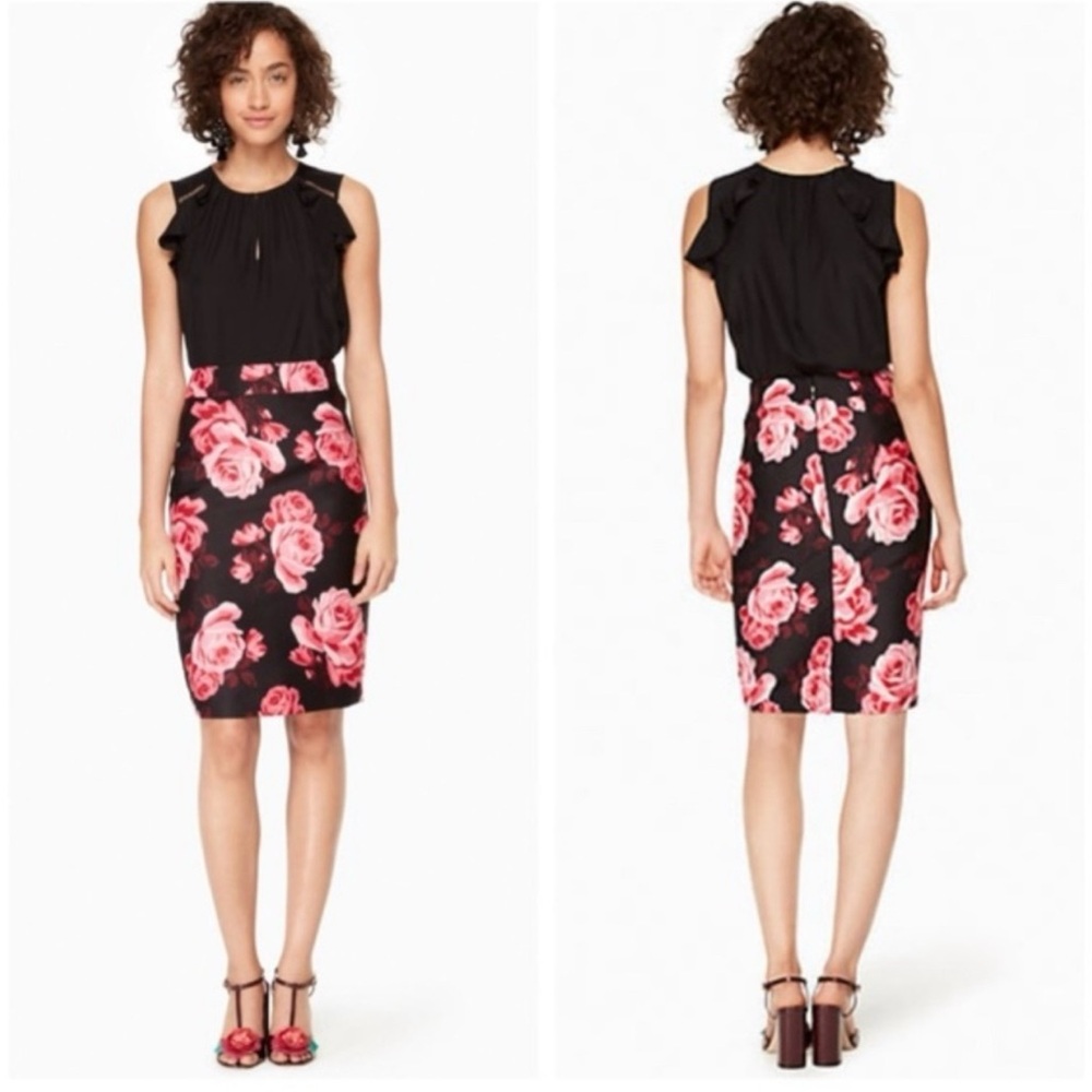 Women's Kate Spade Pink and Black Floral Pencil Skirt Size 0